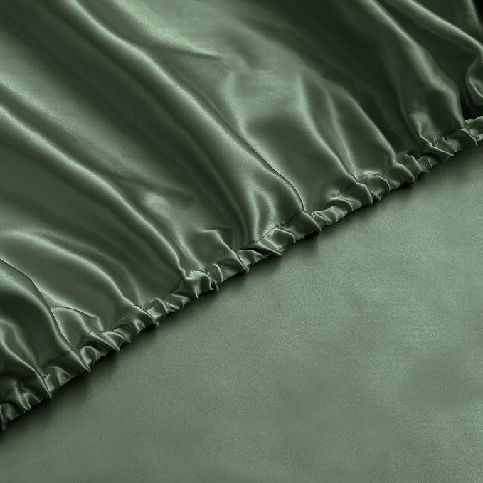 P Pothuiny Satin Fitted Sheet Queen Size, 1 Single Fitted Sheet Only, Extra Soft Deep Pocket Bottom Bed Sheets Mattress Cover Fits 12" to 16", Wrinkle Free, Fully Elasticized (Woodland Green)