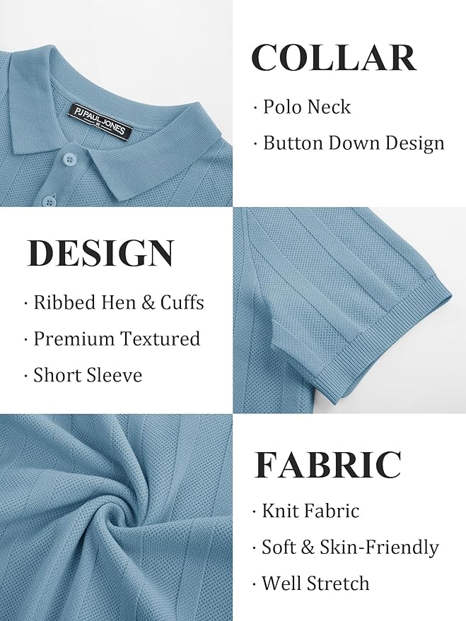 PJPAUL JONES Mens Polo Shirts Short Sleeve Textured Knit Polo Shirt Ribbed Casual Golf Shirts