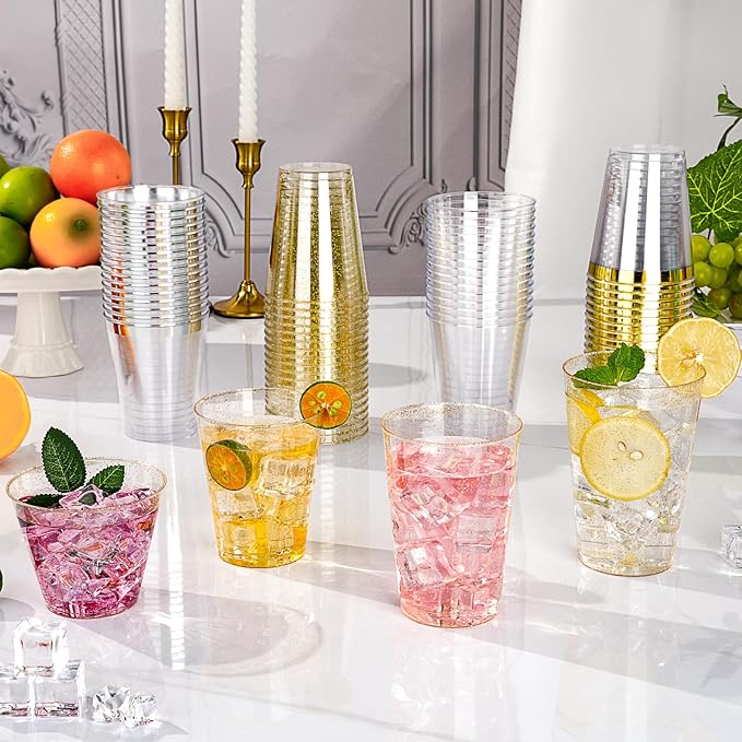 Goodluck 14 oz 50 PCS Gold Glitter Plastic Cups, Disposable Glitter Cups, Elegant Plastic Cocktail Glasses, Fancy Party Cups for Wedding, Birthday, Holiday