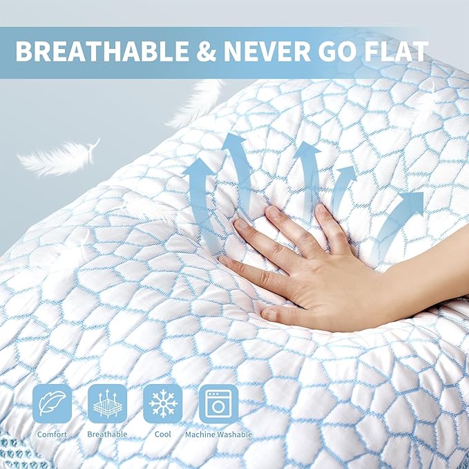 QUTOOL Cooling Pillows for Hot Sleeping, Shredded Memory Foam Pillows Queen Size Set of 1,Adjustable Soft & Firm Gel Bed Pillow for Side, Back, Stomach Sleepers