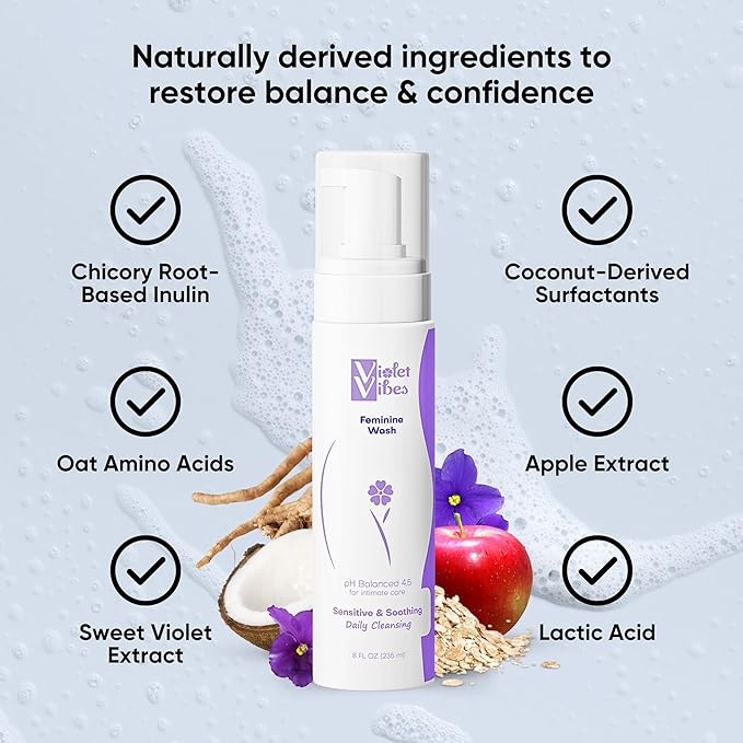 Violet Vibes Ultra-Gentle Feminine Wash | pH-Balancing, Nourishing, Odor-Control for Intimate Areas & Sensitive Skin | Daily Essential | Infused w/Plant-Based Extracts | Scented - Lavender Vanilla