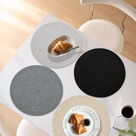Round Placemats Set of 6 with Holder, Cotton Rope Woven Place Mats, Hot Pads for Kitchen, Heat Resistant Table Mats, 13 Inch Farmhouse Washable Braided Placemat for Kitchen Decor (Gray)