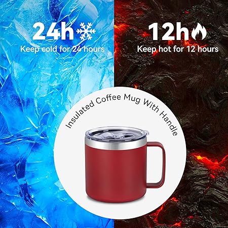 VEGOND 14 oz Insulated Coffee Mug with Handle, Stainless Steel Travel Coffee Mug with Lid, Double Wall Vacuum Metal Coffee Cup, Coffee Tumbler Powder Coated, Red 1 Pack