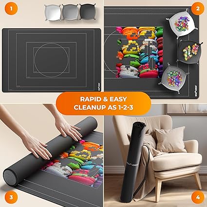 Newverest Jigsaw Puzzle Mat Roll Up, Saver Pad 55 x 35.5 Portable Keeper Up to 3000 Pieces with Non-Slip Rubber Bottom and Polyester Top 3 Puzzle Sorting Trays, Travel-Friendly Storage Bag