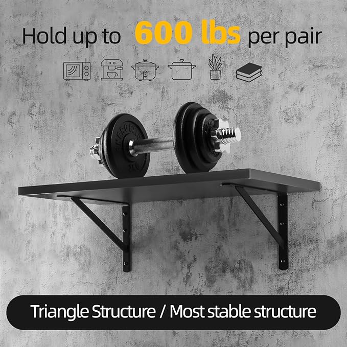 12"x 8" Heavy Duty Shelf Brackets, Load Capacity: 600 lb, 90 Degree Black Metal Supports for Shelves 2-Pack, Wall Mounted L Bracket for Floating Shelving with Screws, HOME MASTER HARDWARE