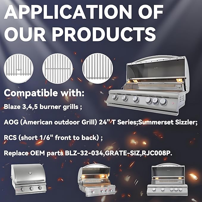 4 Pc 304 Heavy Duty Cast Stainless Steel 516" Rod BBQ Cooking Grill Grates Replacement Parts for Blaze Grill 3, 4, 5 Burner Blaze Grill Models, AOG, RCS, Summerset Sizzler, Stainless Steel 18 x 7-38