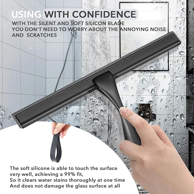 12-inch Stainless Steel Shower Squeegee for Glass Doors, Black Squeegee for Shower Glass with Hook, Water Wiper, Bathroom Squeegee, Water Wiper for Tile Wall Car Mirror Door