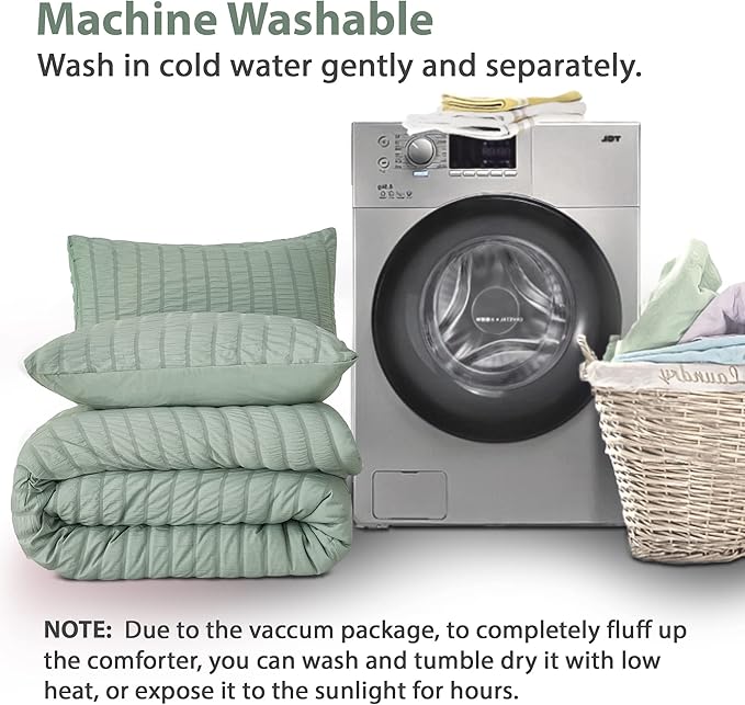 AveLom Seersucker Queen Comforter Set, Sage Green, 90x90, 3 Pieces