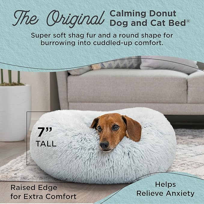 Best Friends by Sheri The Original Calming Donut Dog and Cat Bed in Shag Fur, Frost Gray, Small, 23x23