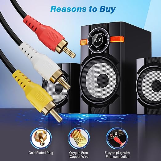 Adoreen 3 RCA Cable 4 Ft Audio Video Composite Male to Male DVD Cable, Gold-Plated Low Loss Stereo AV TV Cable Cord with Noise Reduction for VCD, Satellite,Stereo System,Home Theater AmpReceiver