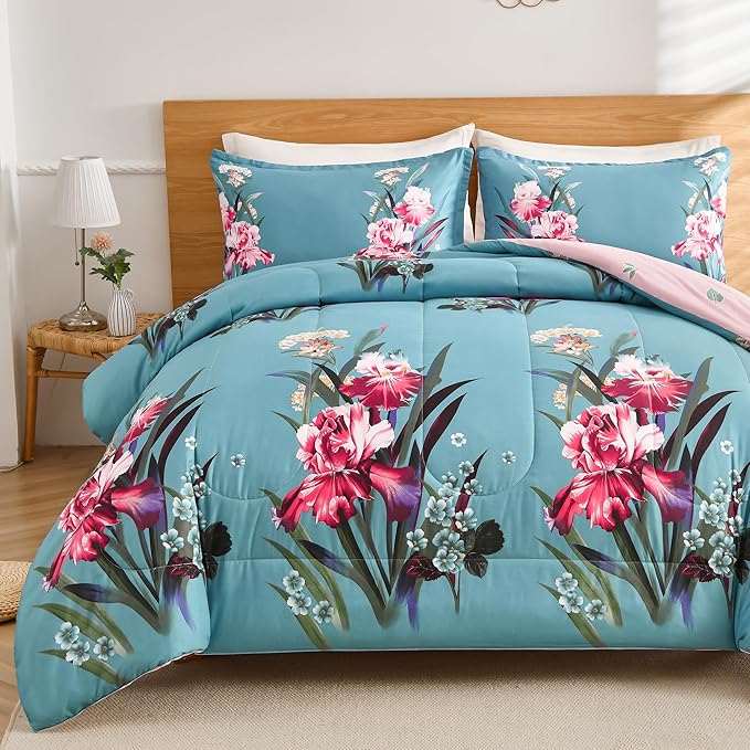 Shatex (86x82Inch 3 Piece Full Size Comforter Set Blue All Season Bedding Botanical Teal Floral - Ultra Soft 100 PolyesterAi 1 Full Comforter with 2 Pillow Shams(20x26Inch)