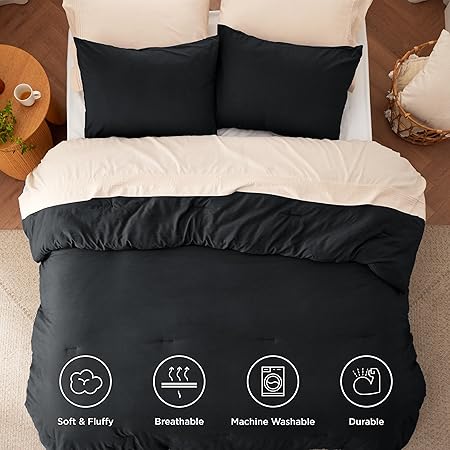 Bedsure Queen Size Comforter Set, Black Soft Prewashed Bedding for All Seasons, 3 Pieces GentleSoftTM Warm Down Alternative Bed Set, 1 Lightweight Comforter (90"x90") and 2 Pillowcases (20"x26")