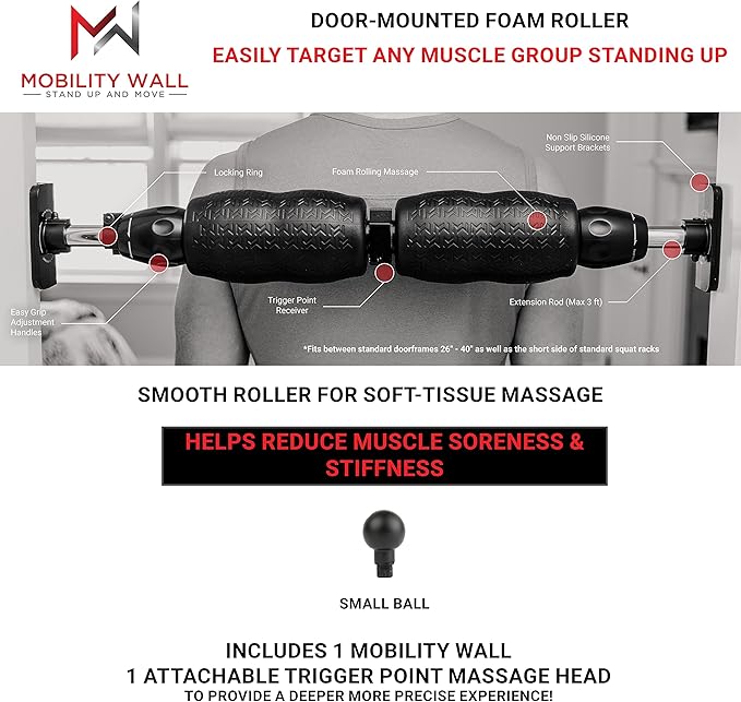 Mobility Wall- Stand Up Door Mounted Smooth Foam Roller for Soft Tissue Massage & Muscle Recovery for Exercise, Includes 1 Trigger Point Attachments