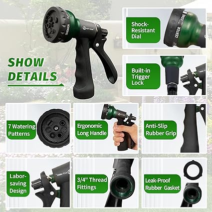 AUTOMAN Garden Hose Nozzle, Water Sprayer Nozzle with 7 Adjustable Watering Patterns,Slip Resistant Nozzle for Plants,Lawn,Washing Cars,Window Cleaning,Showering Pets Outdoor Fun.