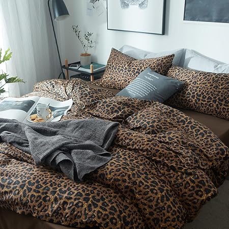 mixinni Leopard Print Queen Size Comforter Set-3 Pieces Animal Cheetah Printed Comforter Sexy Soft Fluffy BrownBlack Floral Print Bedding Set with 2 Pillowcases for All Season-Queen Size