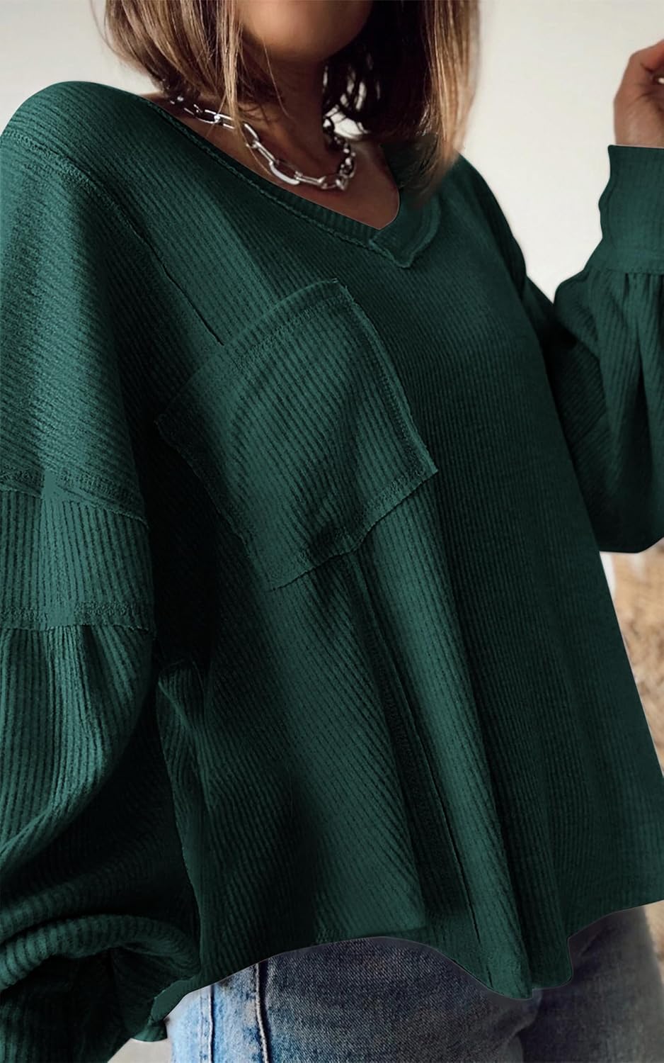 BTFBM Womens Fall Fashion 2025 Long Sleeve Shirts Casual V Neck Ribbed Knit Blouses Pullover Trendy Loose Fit Tunic Tops