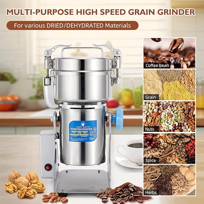 MAGIC MASTER 300g Grain Mill Grinder Electric,High Speed 1500W Commercial Spice Grinder,Safety Stainless Steel Dry Grinder Machine For Flour Wheat Nut Corn Rice Pepper Herbs Coffee Beans,Swing,110V