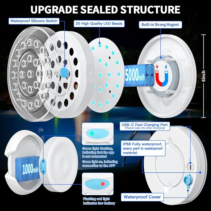 Pool Lights for Above/In Ground Pools Only , Portable Smart Magnetic Underwater IP68 Waterproof LED Light Rechargeable