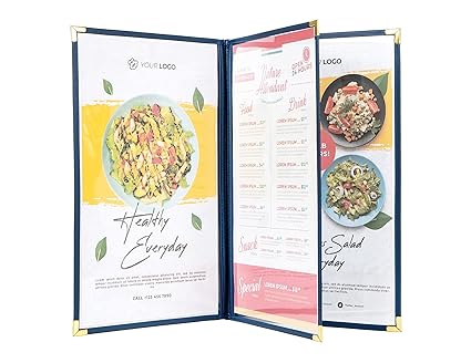 Menu Covers, Triple Page, 3 Pockets, 6 View, for 8.5" x 14" Legal Size Paper, Pack of 6, Blue Edging Gold Metal Corner, Made with Leatherette Vinyl