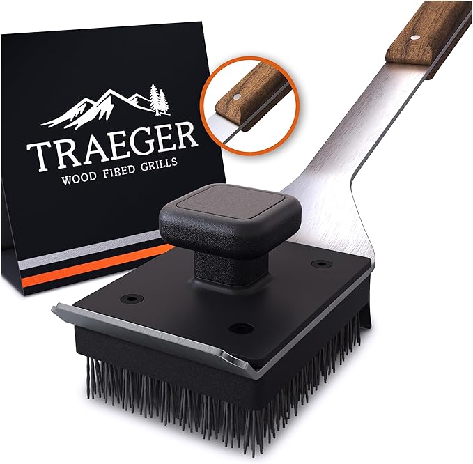 Traeger Grills BAC537 BBQ Cleaning Brush for Outdoor Grill Ai Stainless Steel Grill Scraper with Nylon Bristles, Teak Wood Handle, Dual Grip Design, and Hanging Loop