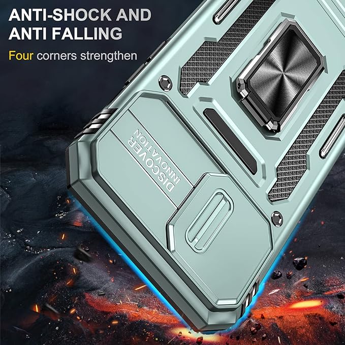 Phone Case for iPhone 13 Pro Max Case iPhone 13 Pro Max Phone Case with Slide Camera Cover, with Finger Ring Holder Stand, fit Magnetic Car Mount, for iPhone 13 Pro Max (Alpine Green)