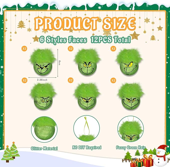 12PCS Christmas Ball Ornaments,6 Styles Glitter Christmas Tree Ornaments with Fuzzy Hair, Green Elf Balls Ornament Holiday Hanging Xmas Balls Baubles for Tree Decorations