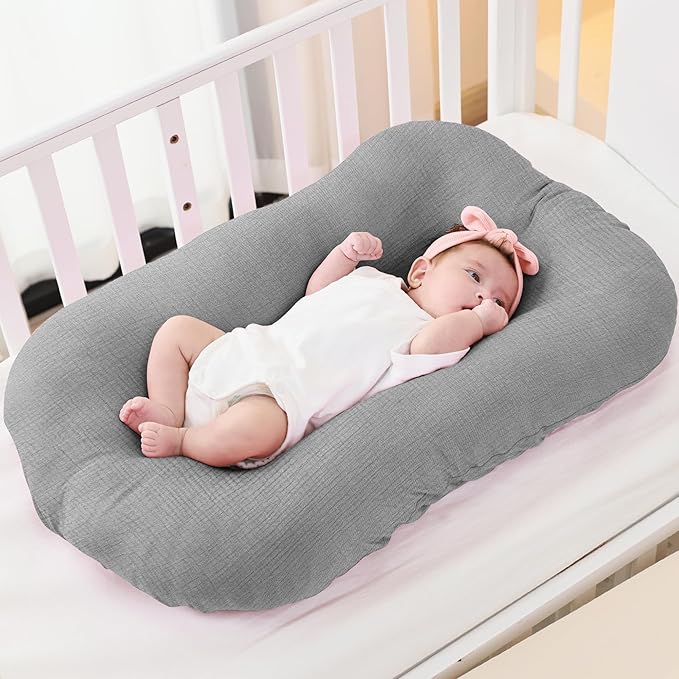 FUNUPUP Muslin Baby Lounger Cover Compatible with Snuggle Me Lounger, Infant Lounger Pillow Cover for Newborn, Removable Newborn Lounger Cover for Boys and Girls, Grey
