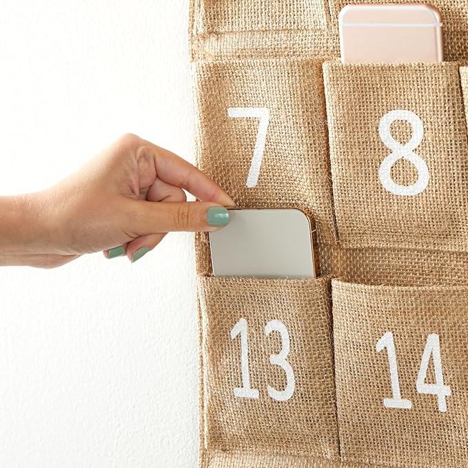 Juvale 30-Row Burlap Cell Phone Holder for Classroom, Farmhouse Designed White Numbered Hanging Pocket Organizer for Mobile Phones, Calculator Caddy, Organization (23x31 in)