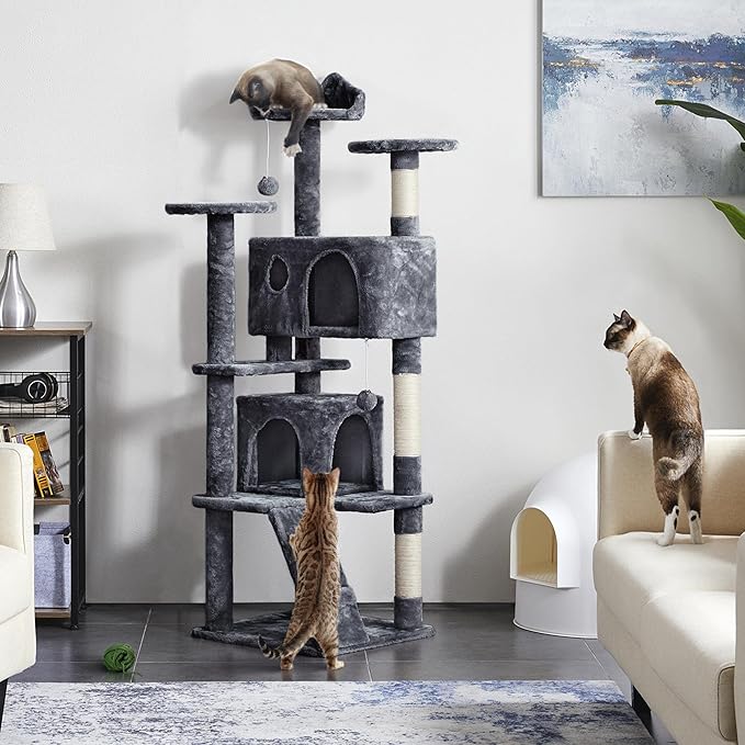 Yaheetech Cat tree tower, large plush multi-level condominium furniture with sisal scratching posts and 2 hanging balls gray color
