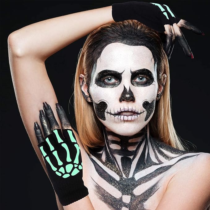 Skeleton Gloves,Glow in the Dark Touch Screen Thickened FullHalf Finger for Costume Cosplay Accessories