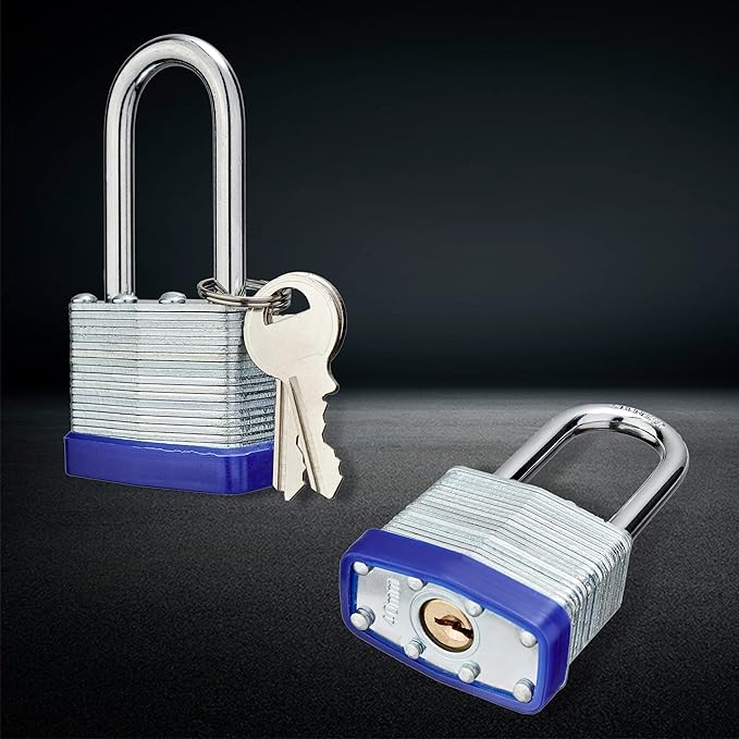 Lock Outdoor Padlocks, Laminated keyed Padlock, 1-9/16 in Wide Body, Padlock Set with Keys, Long Shackle (1Pack)