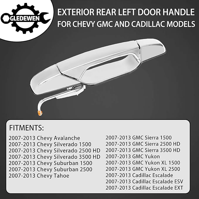 Exterior Chrome Door Handle Rear Left Driver Side for 2007-2013 Chevy Silverado Suburban Tahoe Avalanche, GMC Sierra Yukon, Cadillac Escalade Replaces 22738725, 15915659, 25960521, 80105