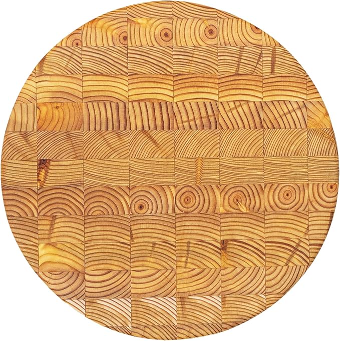 Larch Wood Canada End Grain Round Cheese Cutting Board, Standard Line, Handcrafted for Professional Chefs Home Cooking, 10" Diameter and 2" Thick