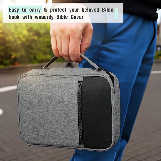 Bible Cover, Carrying Book Case Book Cover Church Bag with Handle and Zippered Pocket, Bible Protective Case w 200 PCs Bible Tabs for Men Women Mother Lady Girls (Gray)