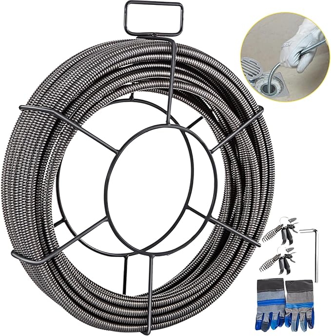 VEVOR 100 ft x 12 inch Solid Core Sewer Snake Clog Pipe Drain Cleaning Cable WFour Shapes of Cutters, Black
