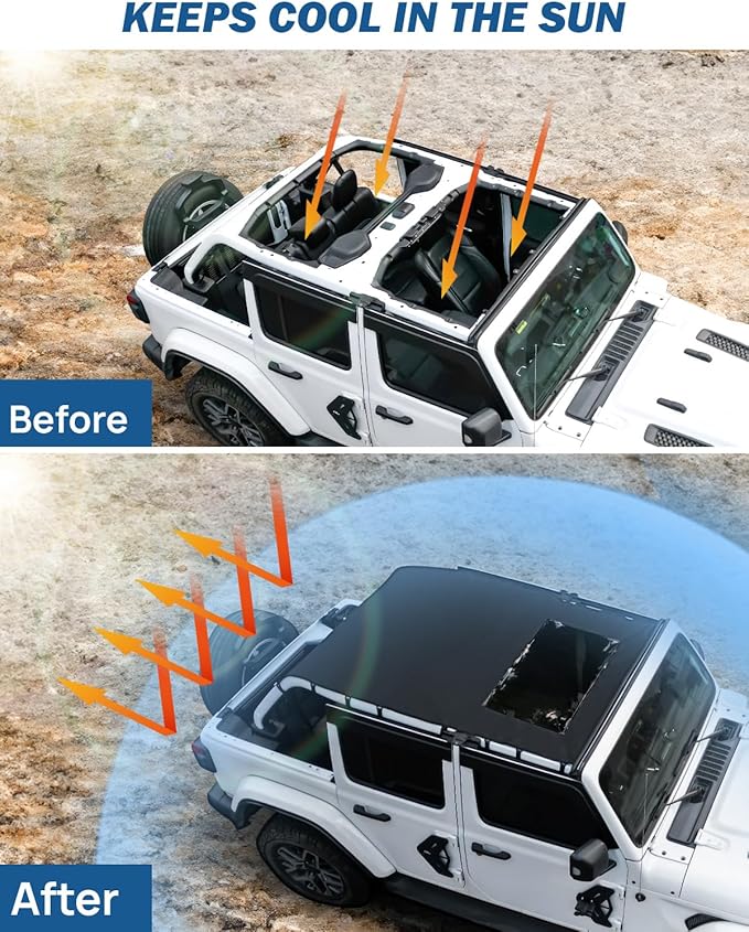 JOYTUTUS Sun Shade Top Compatible with Wrangler JLU 4 Door 2018-2023, Waterproof Canvas Roof Top Cover Wrangler JL Sunshade Blocks Rain, UV, Wind, Noise