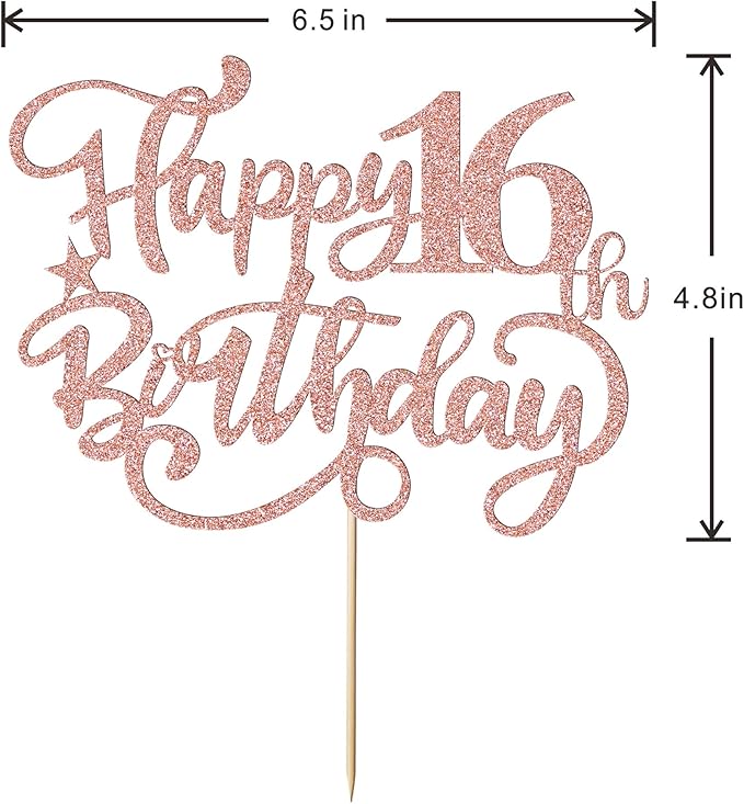 Happy 16th Birthday Cake Topper, Rose Gold Glitter Birthday Sign, 16 & Fabulous Cake Decorations, 16th Anniversary/Party Decoration Supplies
