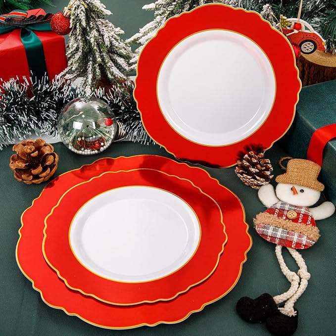 WDF 60pcs Red valentines Plastic Plates Gold Rim - 10.25inch Red Dinner Plates Disposable Plates Table Decor for Christmas Party