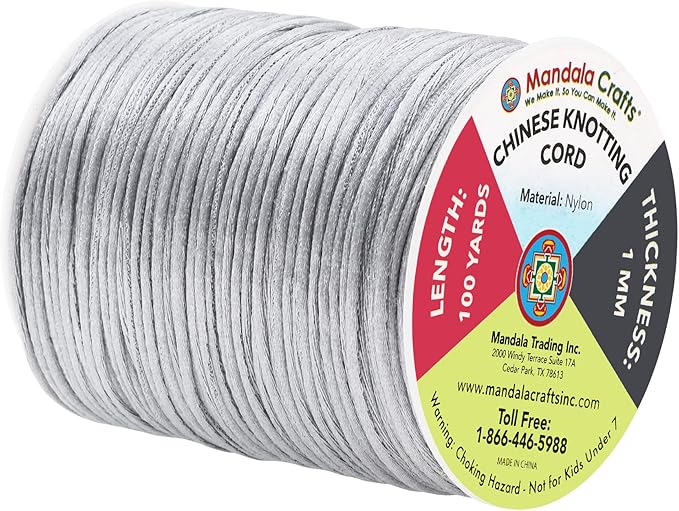 Mandala Crafts Nylon Satin Cord 1mm Rattail Cord Gray String - 100 Yds Nylon Chinese Knotting Cord Rat Tail Silk Cord for Bracelet Necklace Jewelry Making Macrame Trim