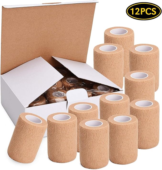12PCS Self Adherent Bandage, 3" x5yd 7.5cmx4.5m Elastic Cohesive Gauze Wrap, Medical Sport Wrap Athletic Tape for Stretch Sports Ankle Wrist Sprains Swelling - Brown