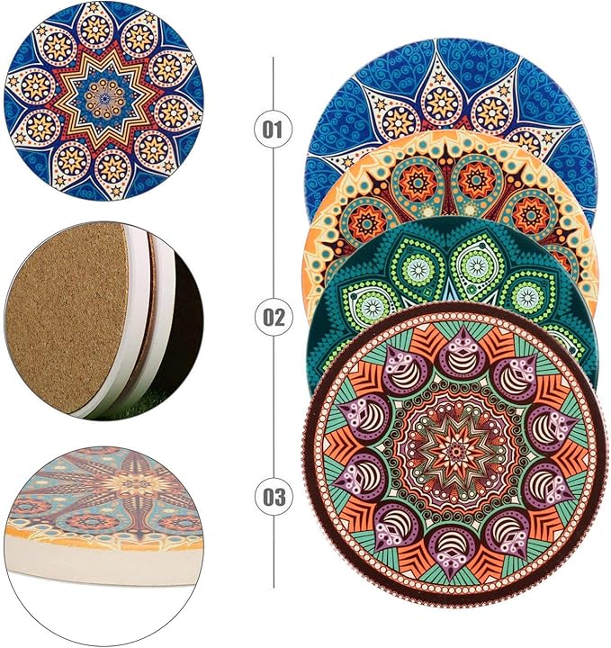 Coasters for Drinks Absorbent 4 Pack Ceramic Coasters Set,4" Stoneware Cup Mats with Cork Base Protection,Suitable for Kinds of Cups,Perfect Table Decor Housewarming Gifts.