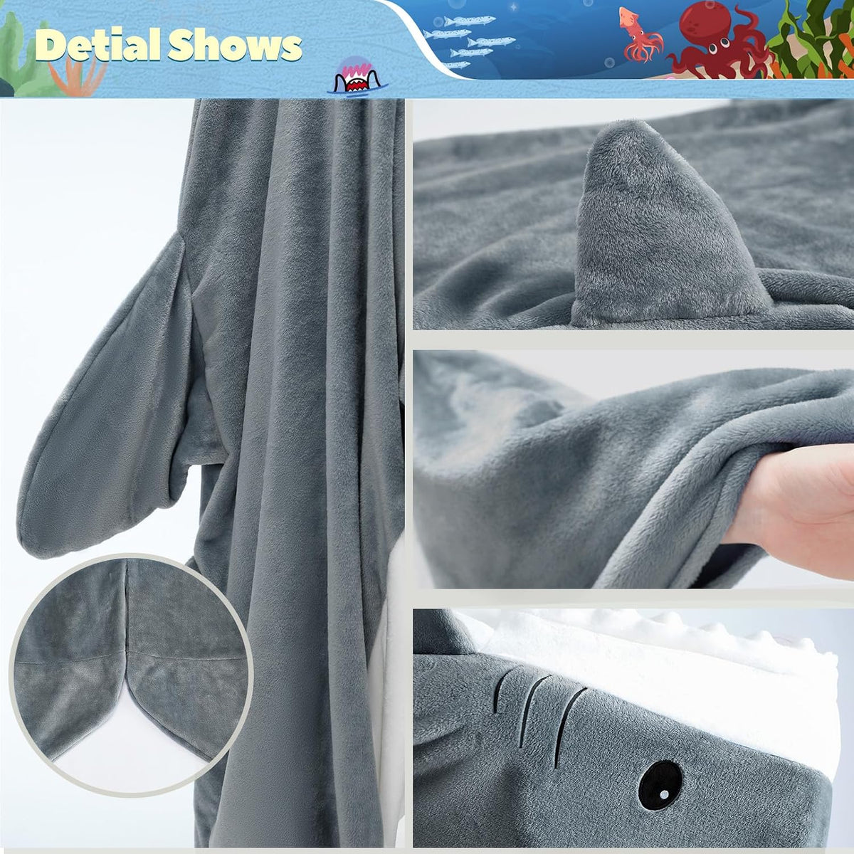 Touchat Shark Blanket for Adult Super Soft Cozy Flannel Throw Wearable Blanket, Cartoon Animals Blanket Hoodie, Sleeping Bag Cosplay Costume Gifts for Shark Lovers (Grey, L)