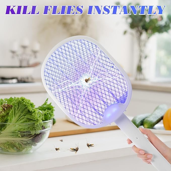 Qualirey Pack of 2 3 in 1 electric fly swatters, foldable, 3000 V, hand mosquito killer with USB rechargeable base, fly swatter and mosquito trap, indoor pendant lamp and