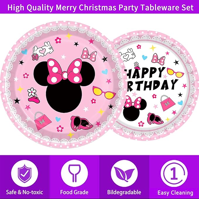 161Pcs Pink Cartoon Mouse Party Decorations Tableware Set Party Supplies Plate,Cup,Cutlery,Tablecloths for Pink Mouse Theme Birthday Baby Shower Wedding Party Decorations Supplies