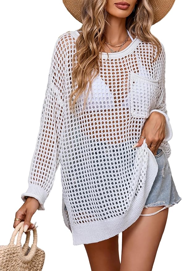 Womens Oversized Lightweight Beach Cover Up Cute Crochet Hollow Out Crewneck Pocket Sweater Top Fall 2024