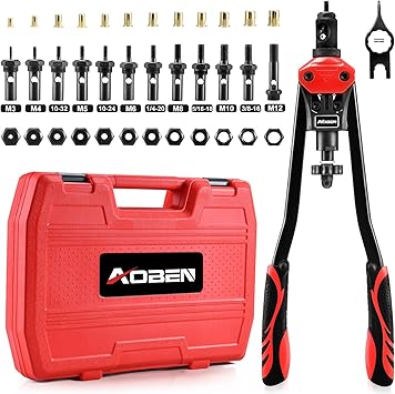 AOBEN 16" Rivet Nut Tool, Professional Hand Rivet Nut Setter Kit with 12 Interchangeable Metric SAE Mandrels, 145Pcs Rivnuts and Rugged Carrying Case