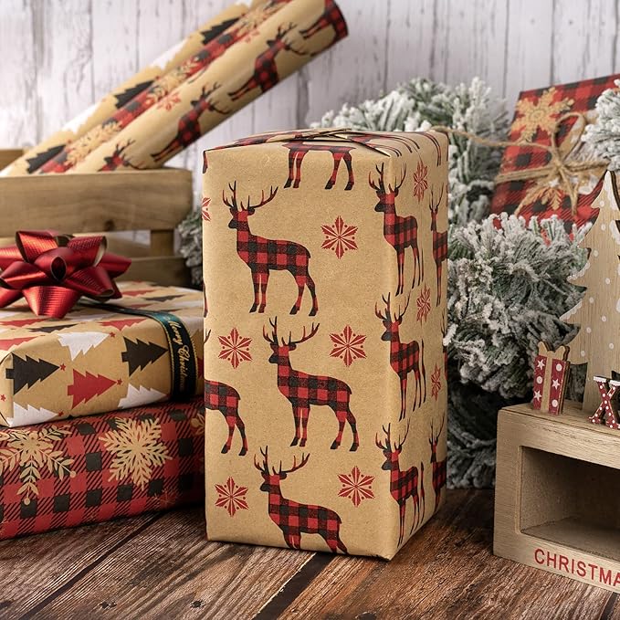 MAYPLUSS Kraft Christmas Wrapping Paper Roll - Mini Roll - 17 inch X 120 inch Per roll - 3 Different Red Reindeer Snowflakes Design (42.3 sq.ft.ttl)