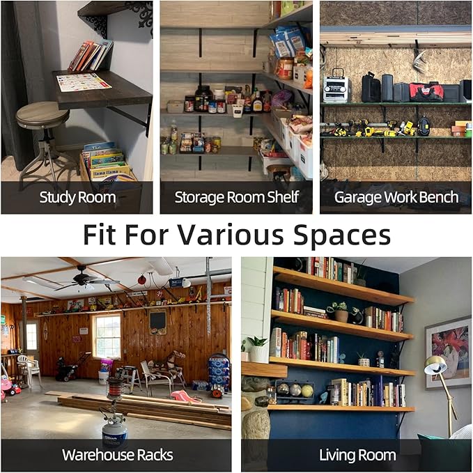 12"x 8" Heavy Duty Shelf Brackets, Load Capacity: 600 lb, 90 Degree Black Metal Supports for Shelves 2-Pack, Wall Mounted L Bracket for Floating Shelving with Screws, HOME MASTER HARDWARE