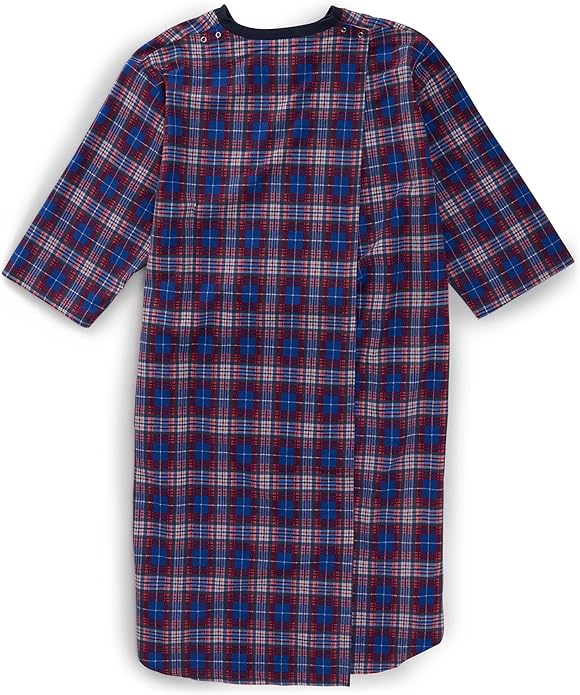 Mens Open Back Adaptive Flannel Nightgown for Seniors - Back Snap Nightgowns with Dome Closure