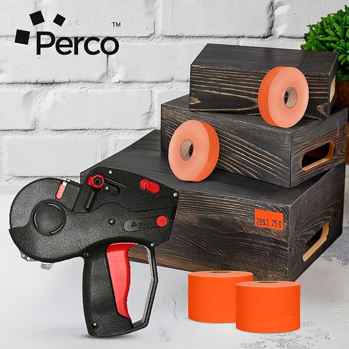 Perco Fluorescent Red Pricing Labels for Monarch 1131 Price Gun - 1 Sleeve, 8 Rolls, 20,000 Price Marking Labels - with Ink Roll Included